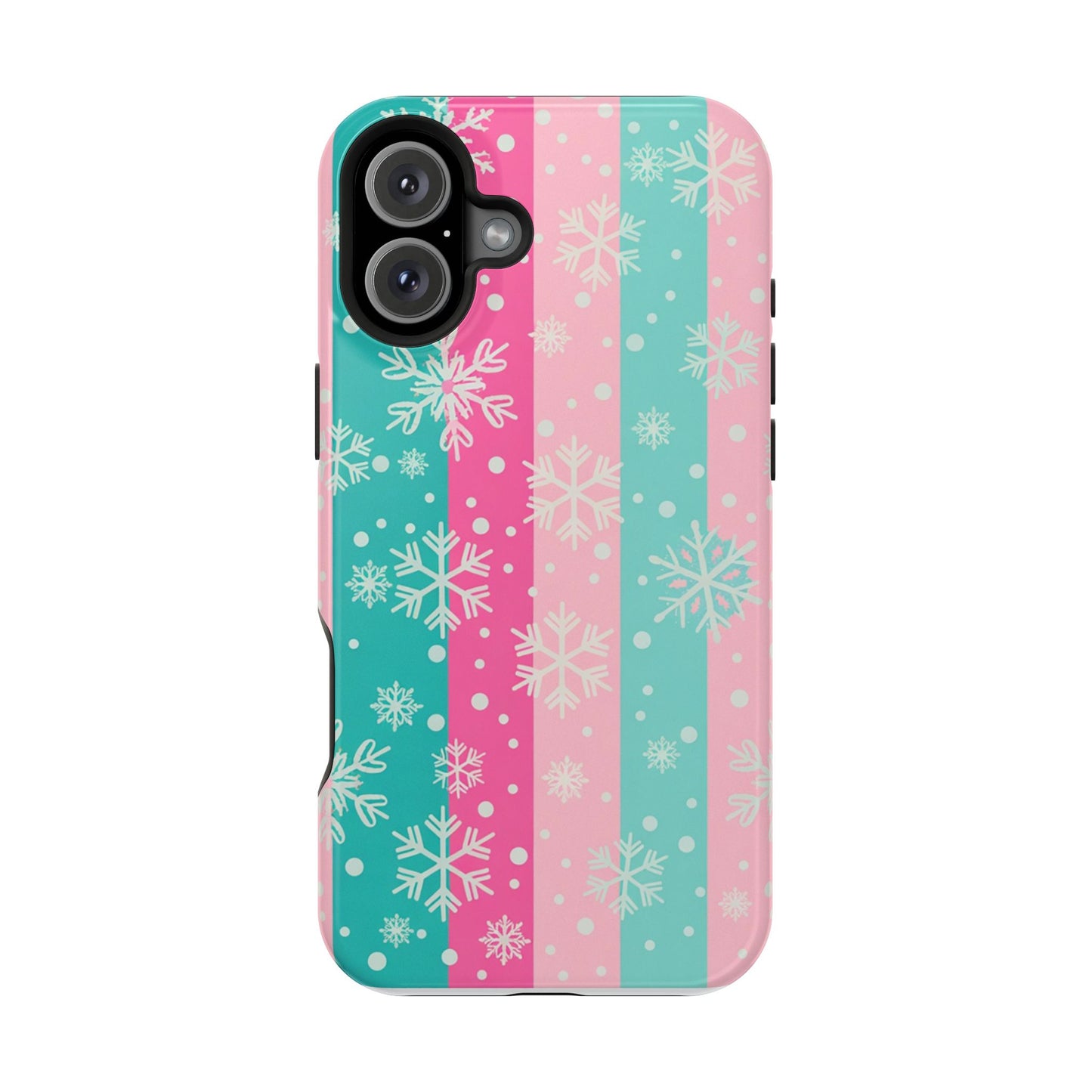 Snowflake Striped Magnetic Impact-Resistant Phone Case — Pink & Teal Winter Design
