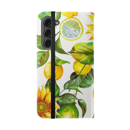 Sunflower & Lemon Flip Phone Case – Floral Wallet Flip Case with Card Slots