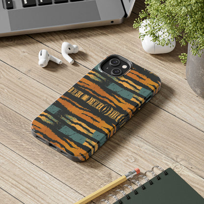 Tiger Stripe Tough Phone Case — Rugged Protective iPhone Cover with Amber & Teal Brushstroke Pattern
