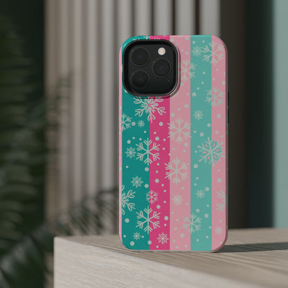 Snowflake Striped Magnetic Impact-Resistant Phone Case — Pink & Teal Winter Design