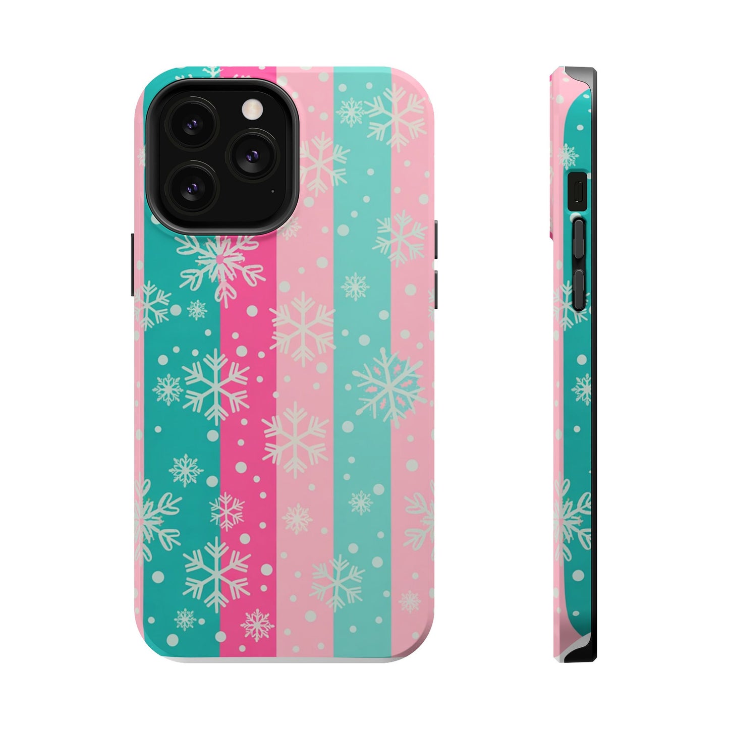 Snowflake Striped Magnetic Impact-Resistant Phone Case — Pink & Teal Winter Design