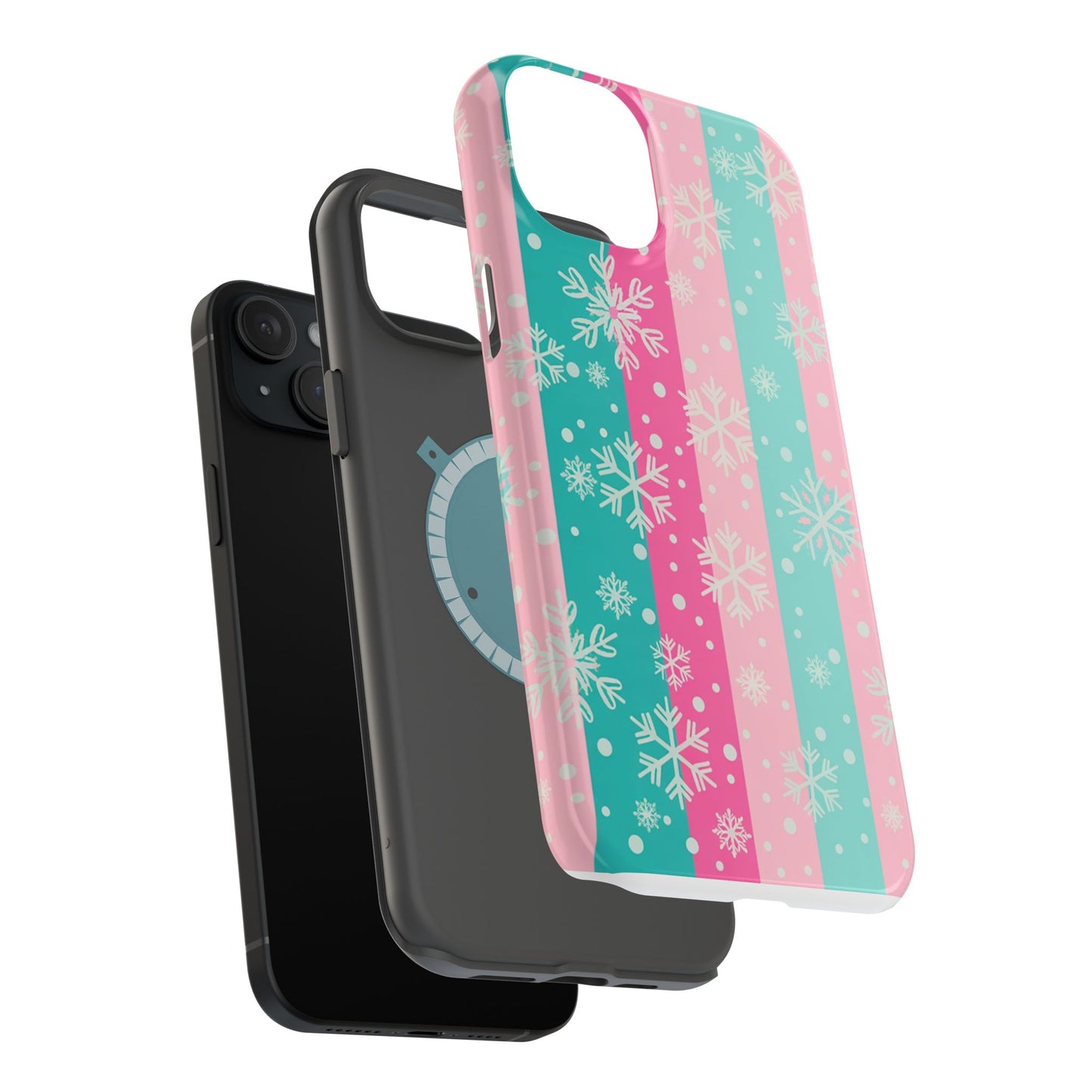 Snowflake Striped Magnetic Impact-Resistant Phone Case — Pink & Teal Winter Design