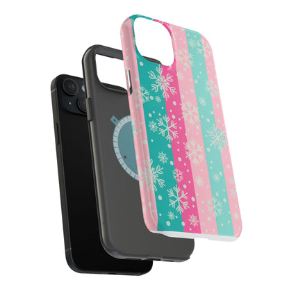 Snowflake Striped Magnetic Impact-Resistant Phone Case — Pink & Teal Winter Design