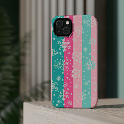 Snowflake Striped Magnetic Impact-Resistant Phone Case — Pink & Teal Winter Design