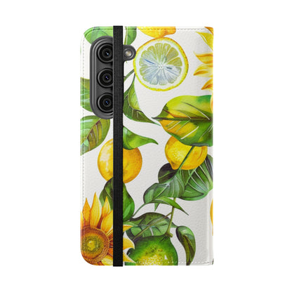 Sunflower & Lemon Flip Phone Case – Floral Wallet Flip Case with Card Slots