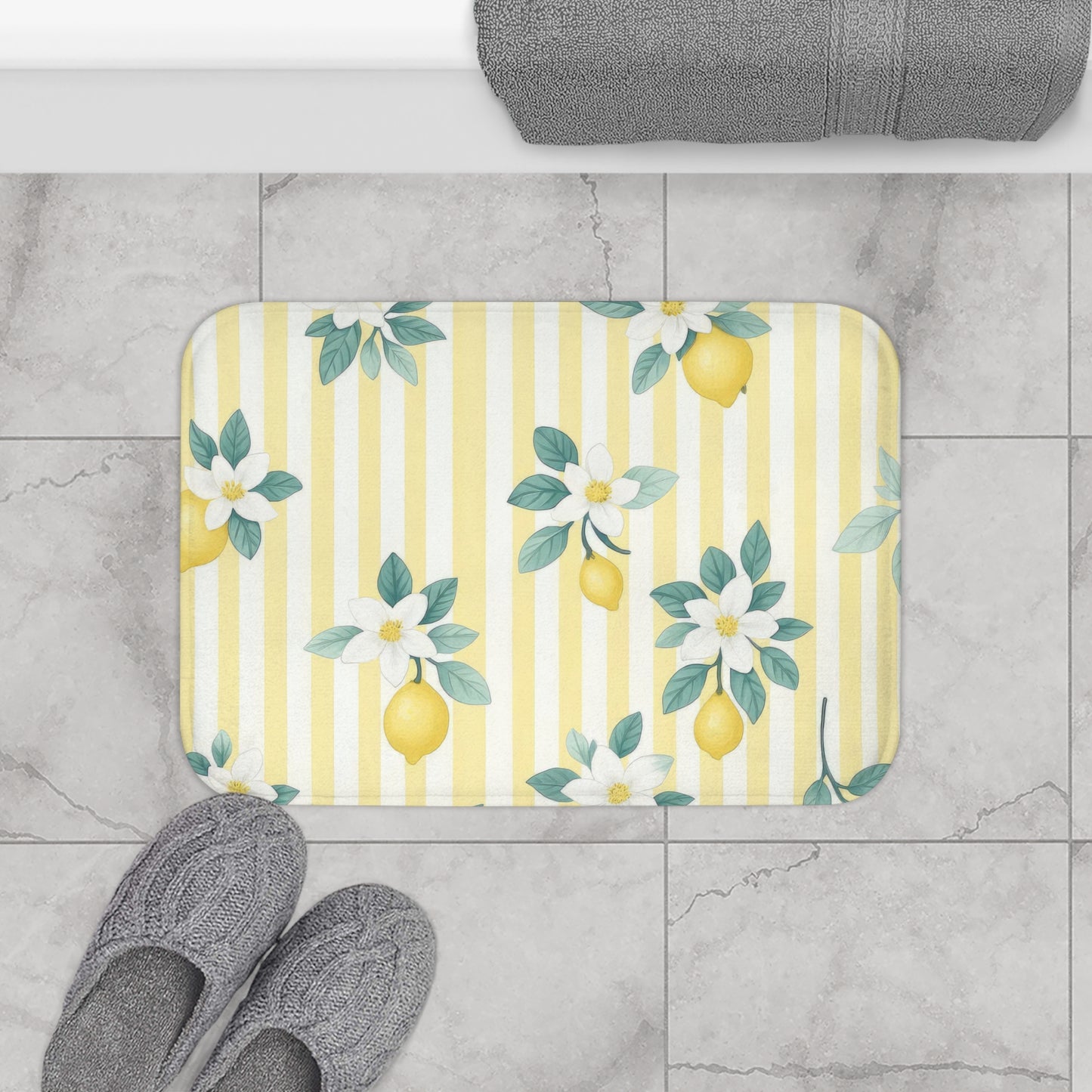 Lemon Floral Bath Mat, Vibrant Bathroom Decor, Citrus Inspired Home, Spring Cleaning, Gift for Her, Farmhouse Style