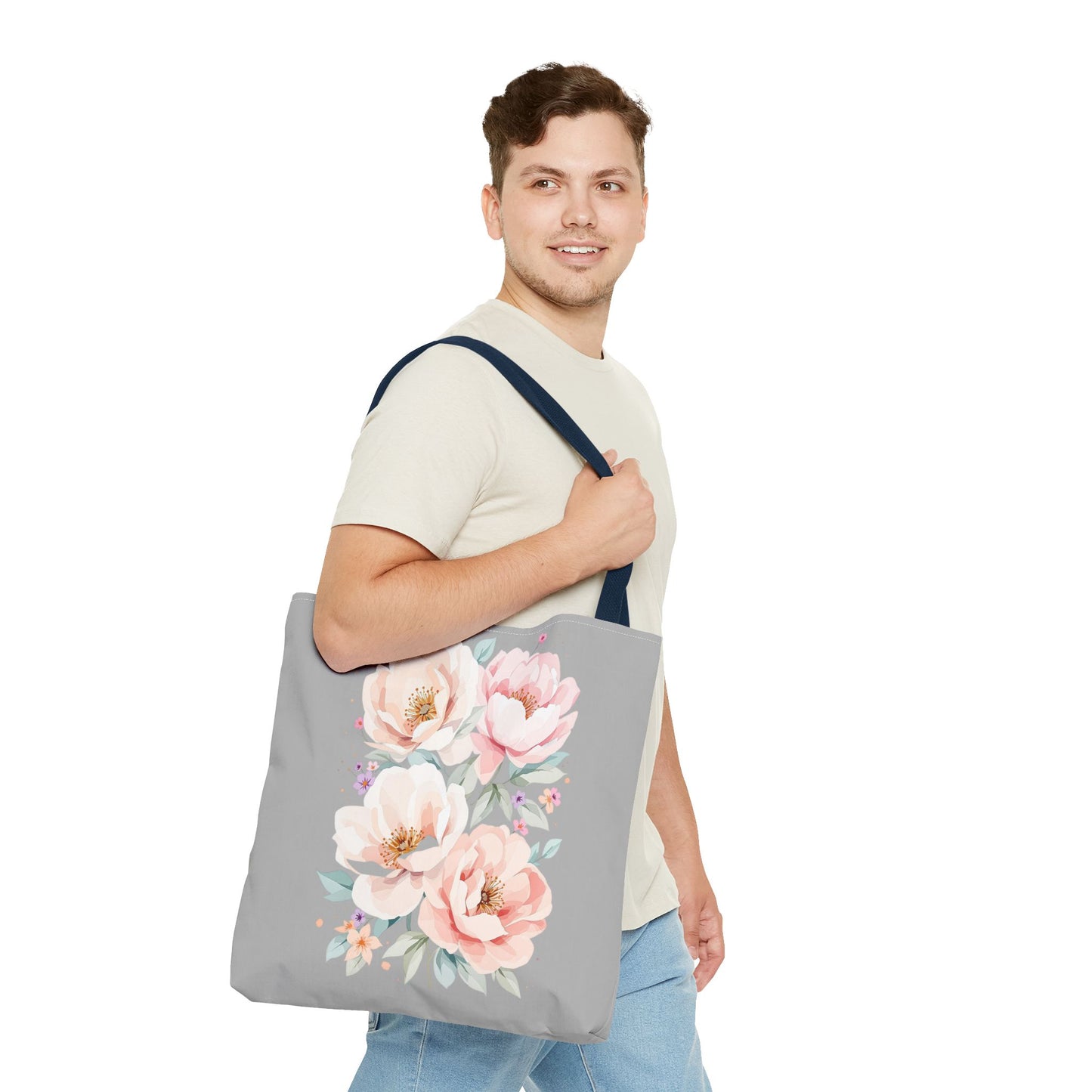 Floral Peony Tote Bag — Pink Watercolor Flowers on Grey