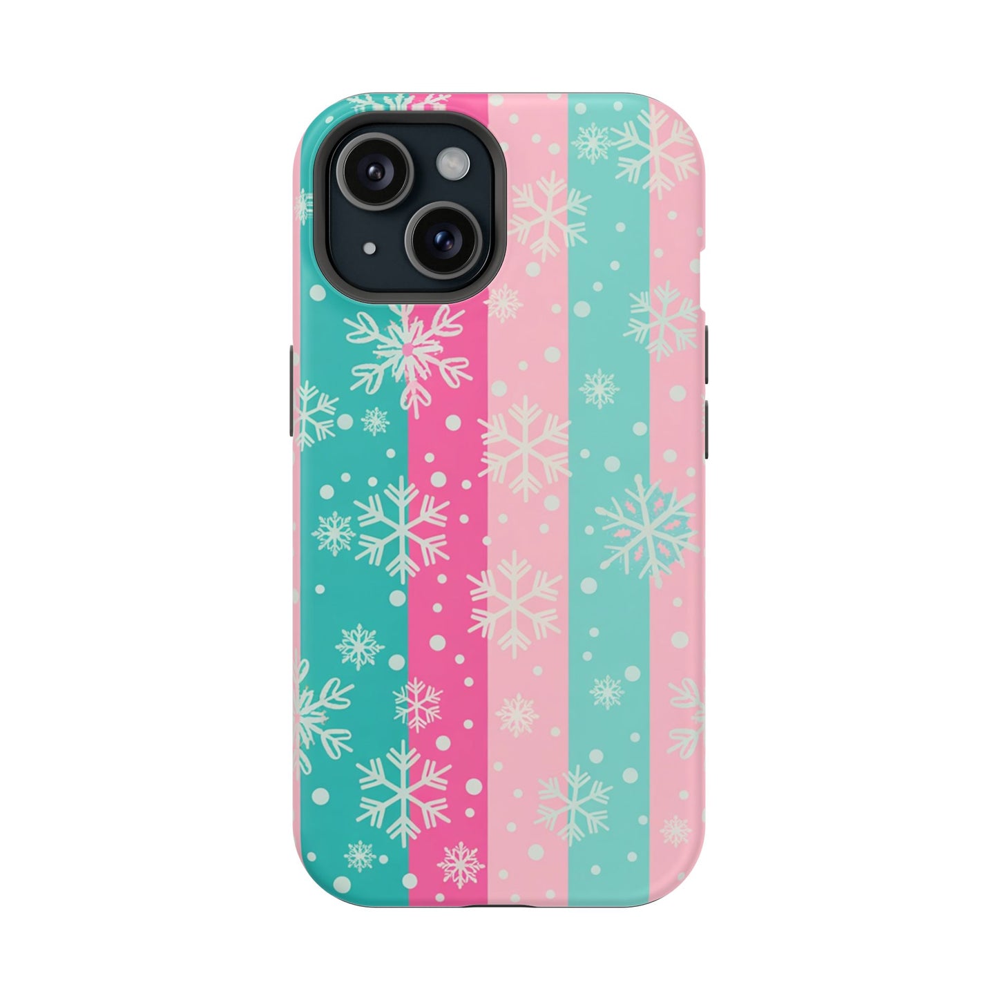 Snowflake Striped Magnetic Impact-Resistant Phone Case — Pink & Teal Winter Design