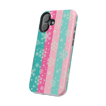 Snowflake Striped Magnetic Impact-Resistant Phone Case — Pink & Teal Winter Design