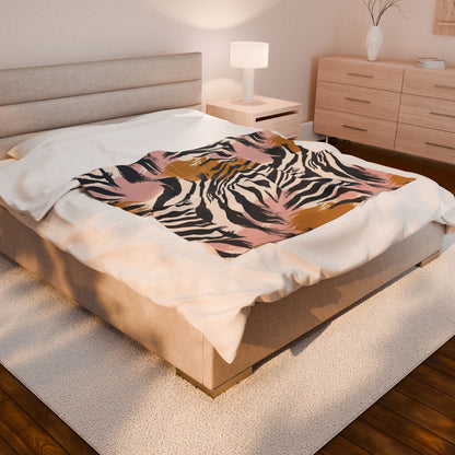 Velveteen Plush Blanket – Pink & Mustard Abstract Zebra Print Cozy Throw