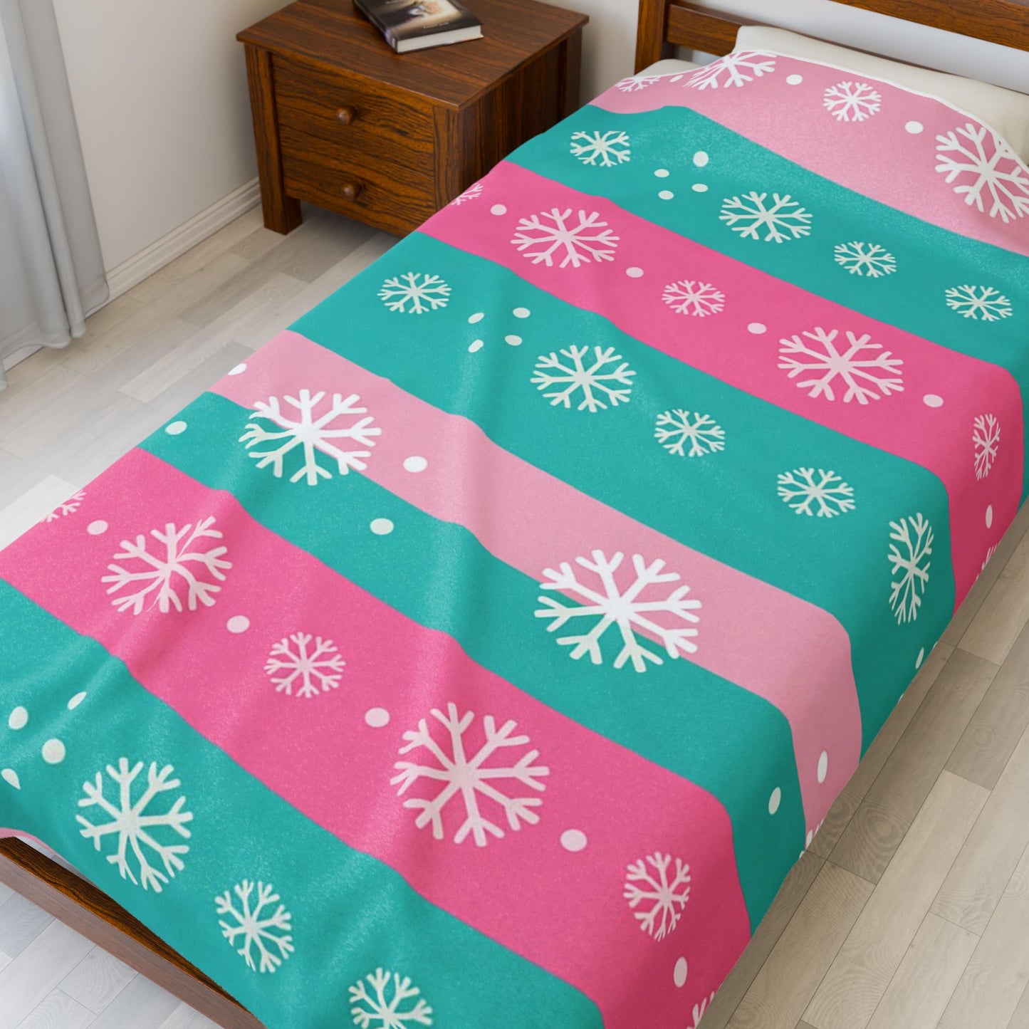 Snowflake Stripe Plush Blanket — Teal & Pink Velveteen Throw