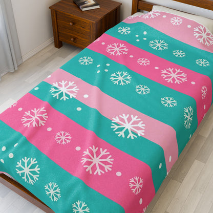 Snowflake Stripe Plush Blanket — Teal & Pink Velveteen Throw