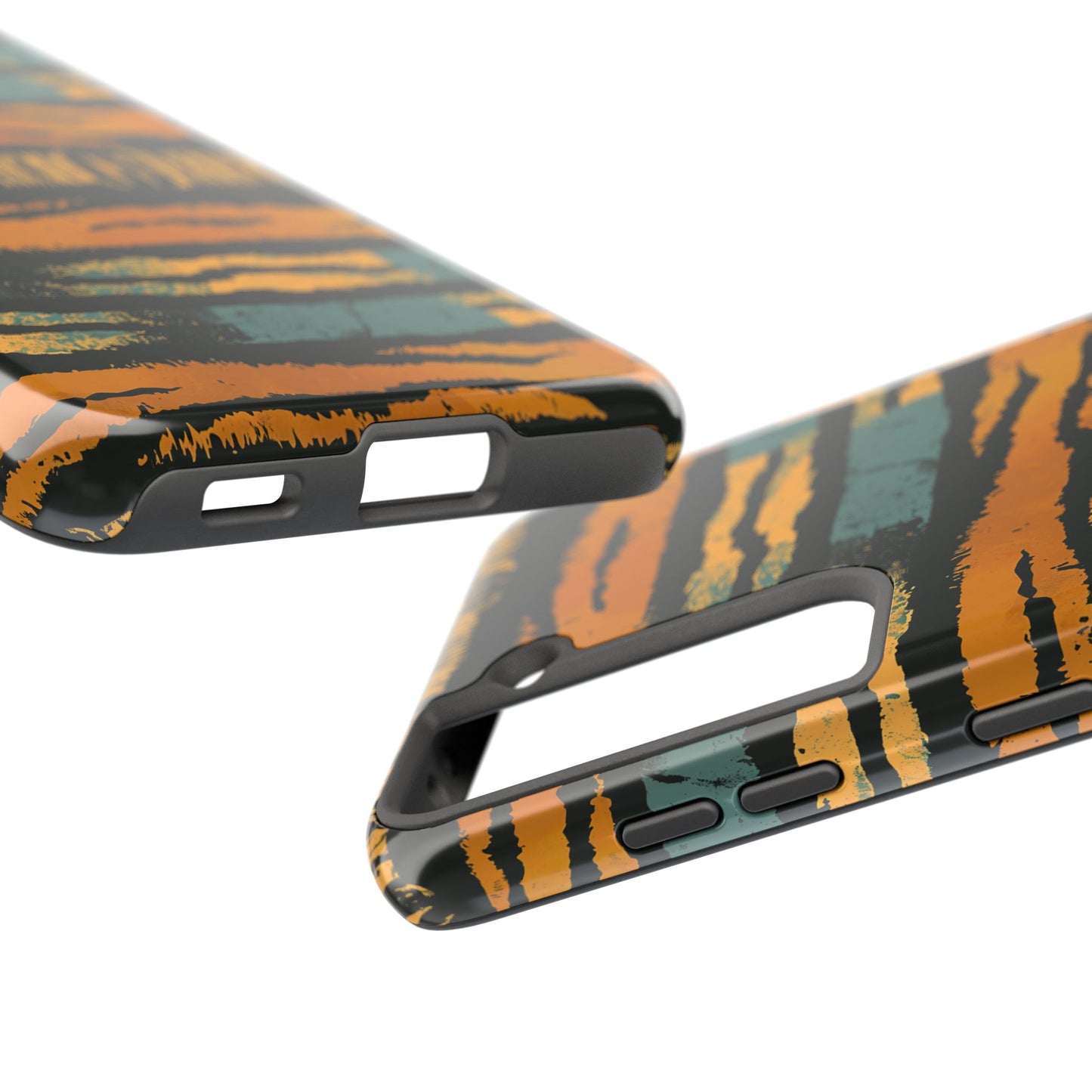 Tiger Stripe Tough Phone Case — Rugged Protective iPhone Cover with Amber & Teal Brushstroke Pattern