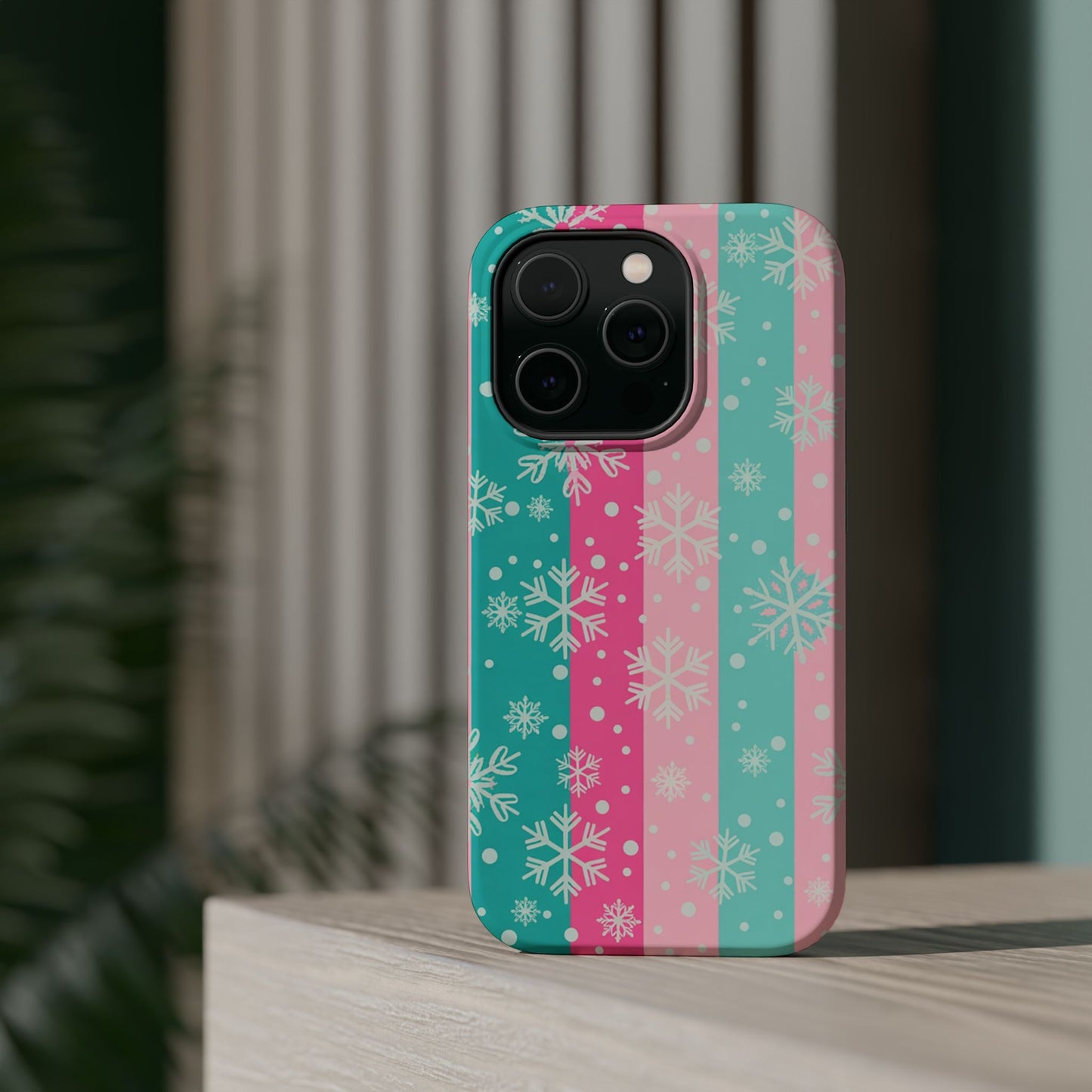 Snowflake Striped Magnetic Impact-Resistant Phone Case — Pink & Teal Winter Design