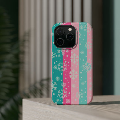 Snowflake Striped Magnetic Impact-Resistant Phone Case — Pink & Teal Winter Design