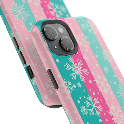 Snowflake Striped Magnetic Impact-Resistant Phone Case — Pink & Teal Winter Design