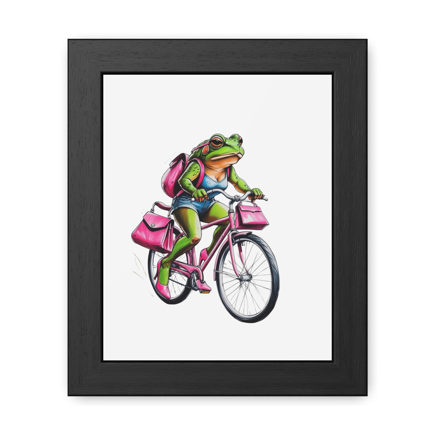 Whimsical Frog on Bicycle Framed Poster, Quirky Wall Art, Home Decor, Gift for Nature Lovers, Bike Enthusiasts