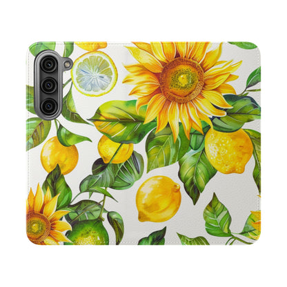 Sunflower & Lemon Flip Phone Case – Floral Wallet Flip Case with Card Slots