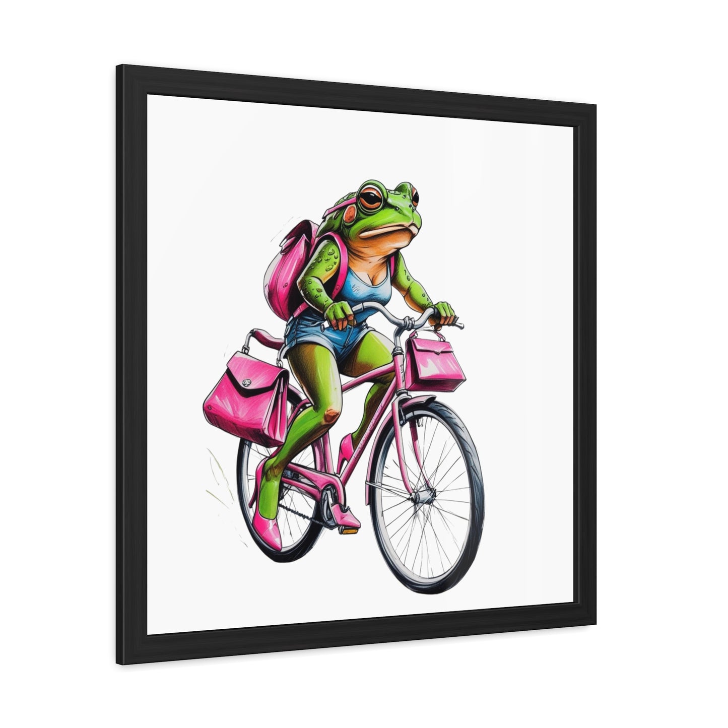Whimsical Frog on Bicycle Framed Poster, Quirky Wall Art, Home Decor, Gift for Nature Lovers, Bike Enthusiasts