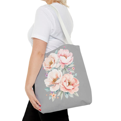 Floral Peony Tote Bag — Pink Watercolor Flowers on Grey
