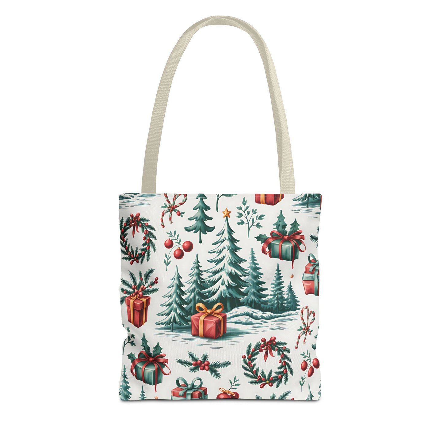 Festive Holiday Tote Bag with Christmas Trees and Gifts