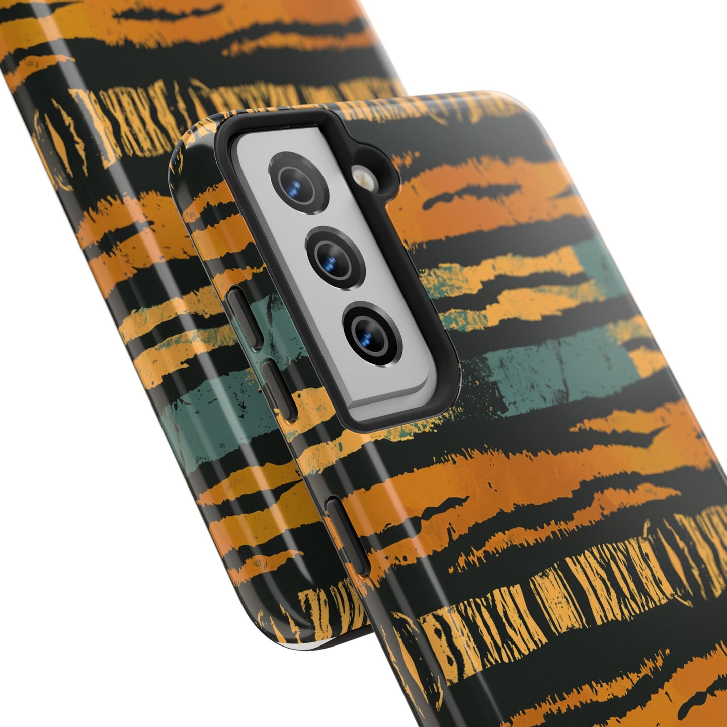 Tiger Stripe Tough Phone Case — Rugged Protective iPhone Cover with Amber & Teal Brushstroke Pattern