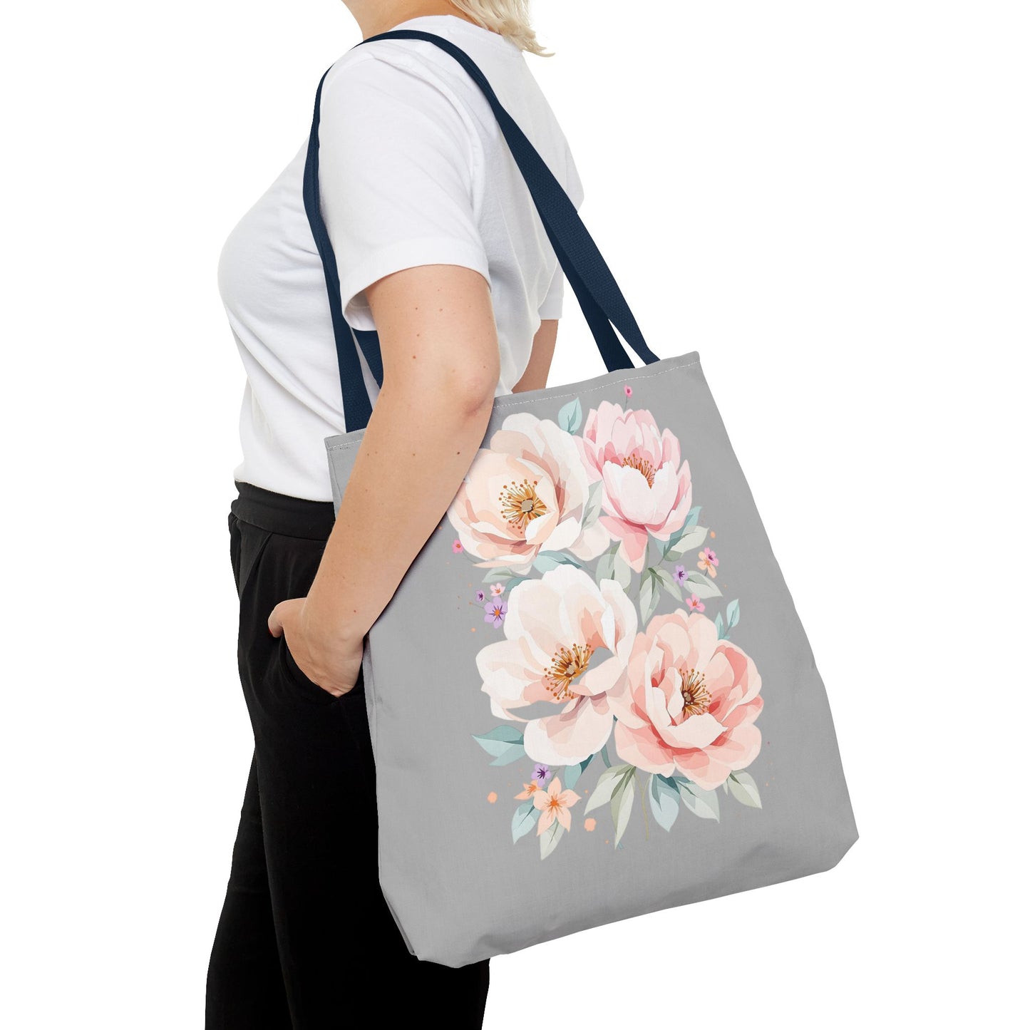Floral Peony Tote Bag — Pink Watercolor Flowers on Grey
