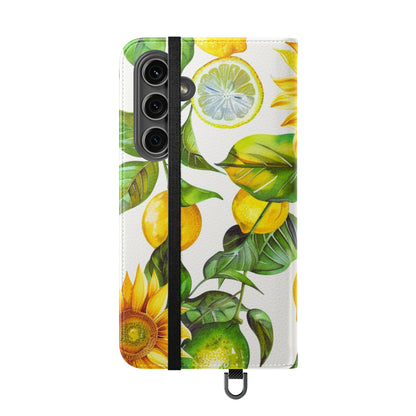 Sunflower & Lemon Flip Phone Case – Floral Wallet Flip Case with Card Slots