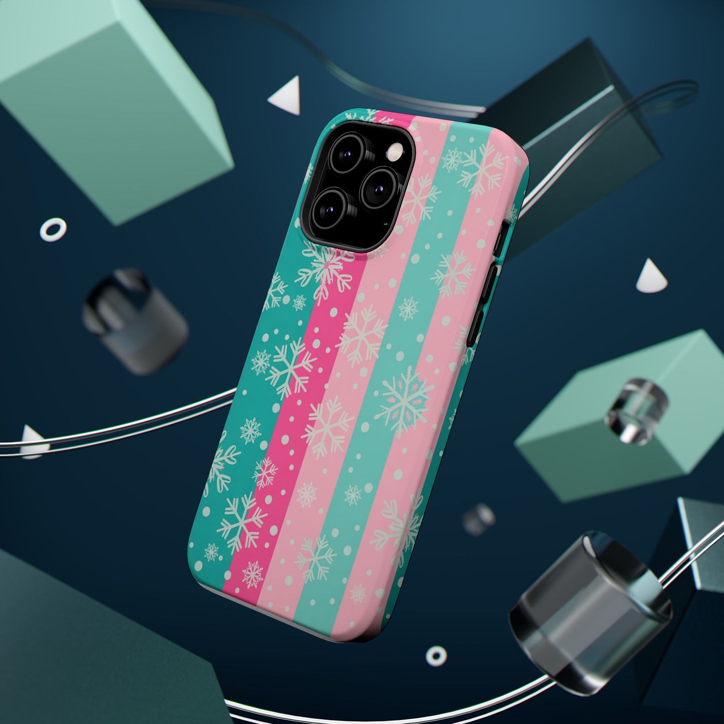 Snowflake Striped Magnetic Impact-Resistant Phone Case — Pink & Teal Winter Design
