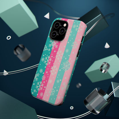 Snowflake Striped Magnetic Impact-Resistant Phone Case — Pink & Teal Winter Design