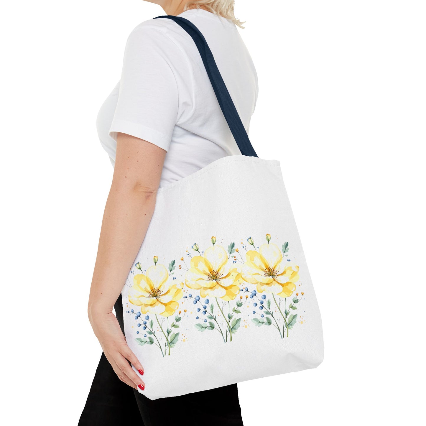 Floral Peony Tote Bag — Yellow Watercolor Flowers on White