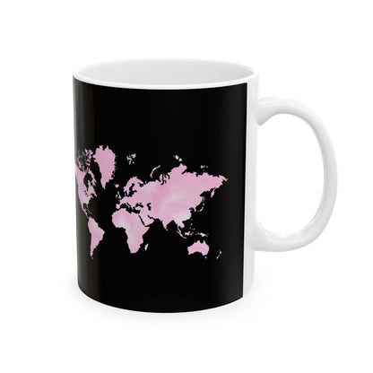 World Map Pink Splash Ceramic Mug — Black Travel Coffee Cup (11oz & 15oz)