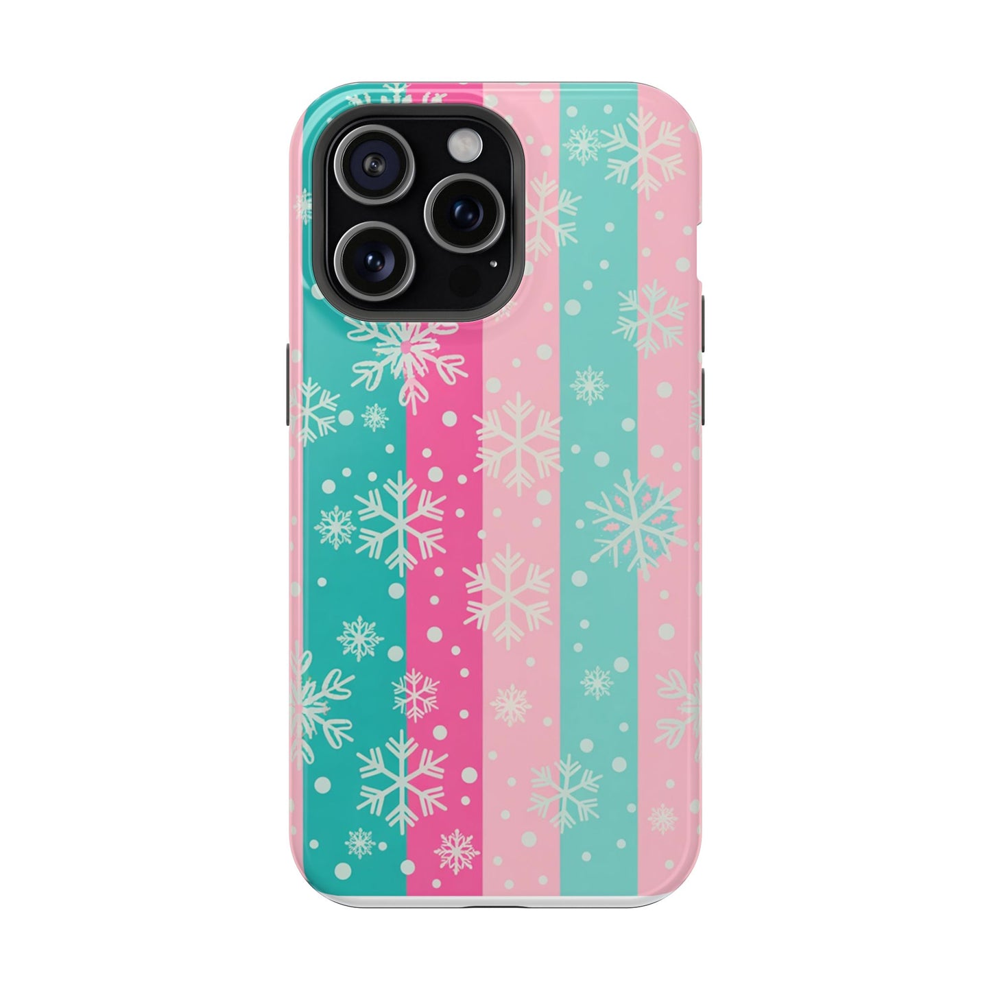 Snowflake Striped Magnetic Impact-Resistant Phone Case — Pink & Teal Winter Design