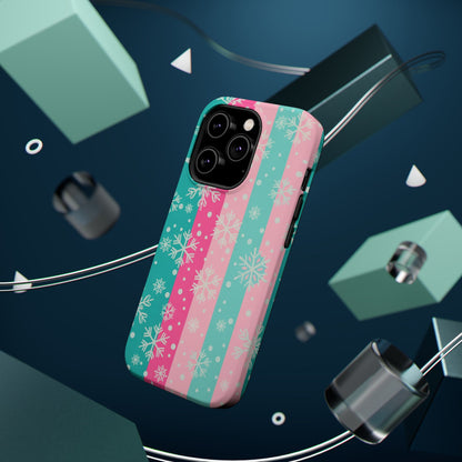 Snowflake Striped Magnetic Impact-Resistant Phone Case — Pink & Teal Winter Design