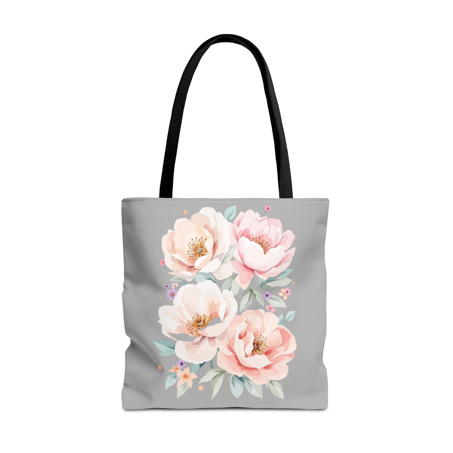 Floral Peony Tote Bag — Pink Watercolor Flowers on Grey