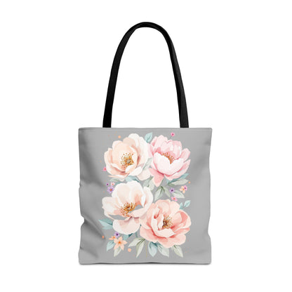Floral Peony Tote Bag — Pink Watercolor Flowers on Grey