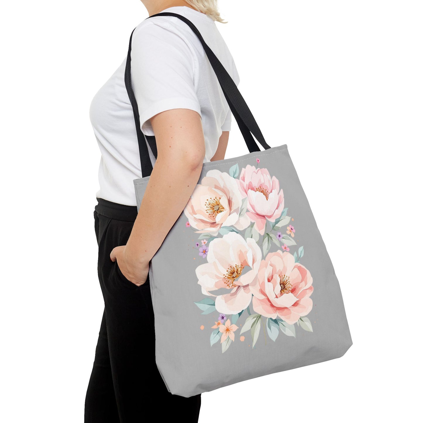 Floral Peony Tote Bag — Pink Watercolor Flowers on Grey