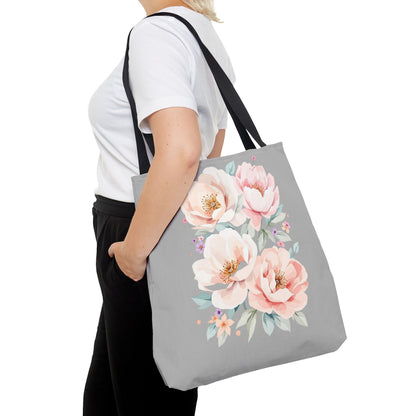 Floral Peony Tote Bag — Pink Watercolor Flowers on Grey