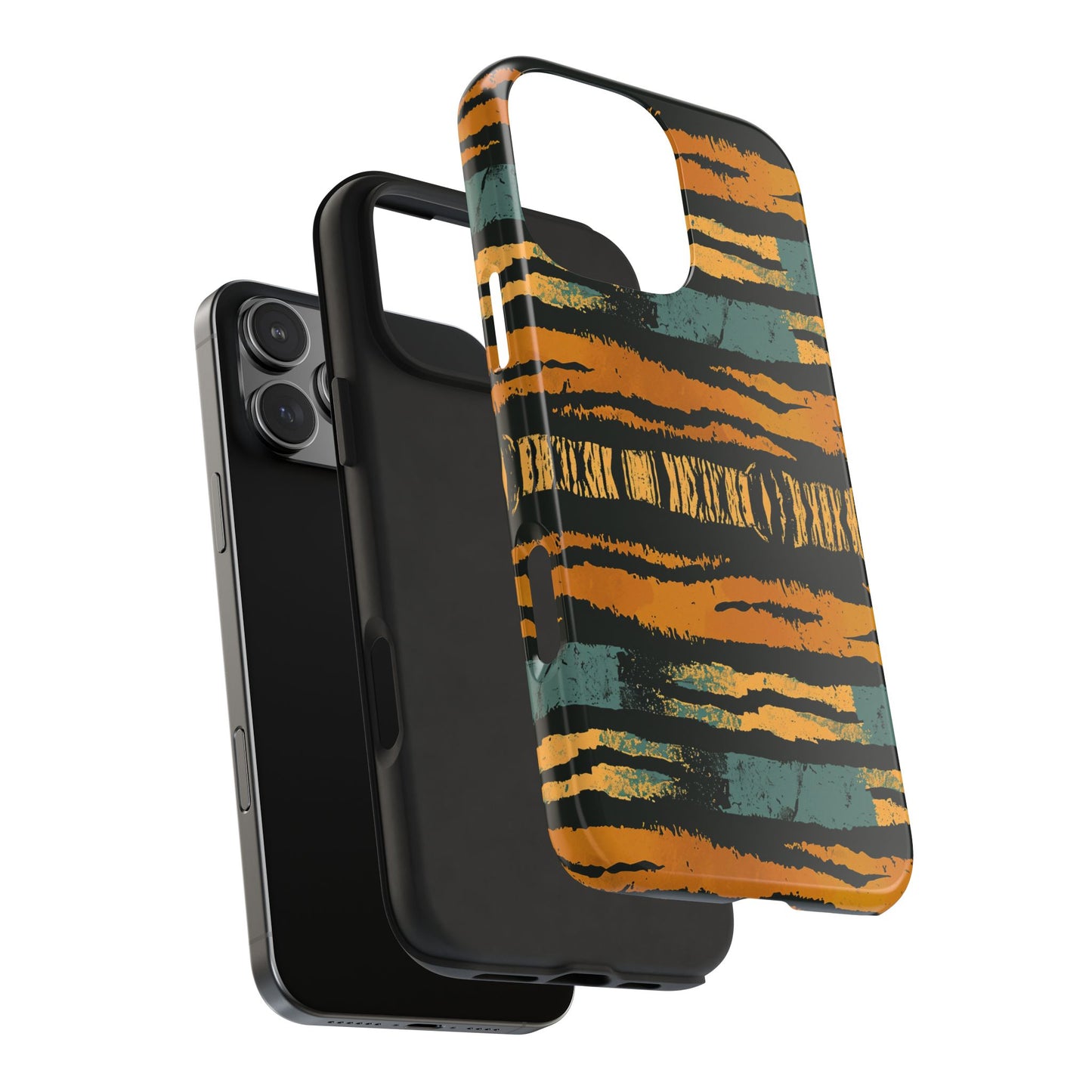 Tiger Stripe Tough Phone Case — Rugged Protective iPhone Cover with Amber & Teal Brushstroke Pattern