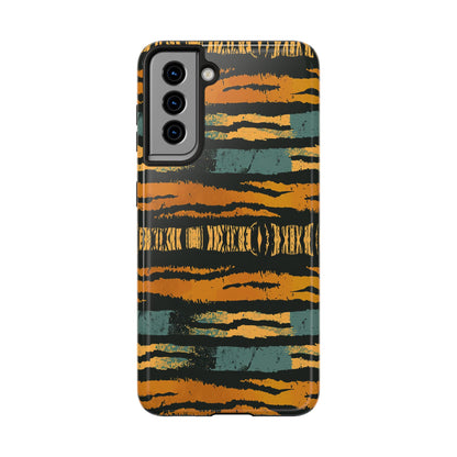 Tiger Stripe Tough Phone Case — Rugged Protective iPhone Cover with Amber & Teal Brushstroke Pattern