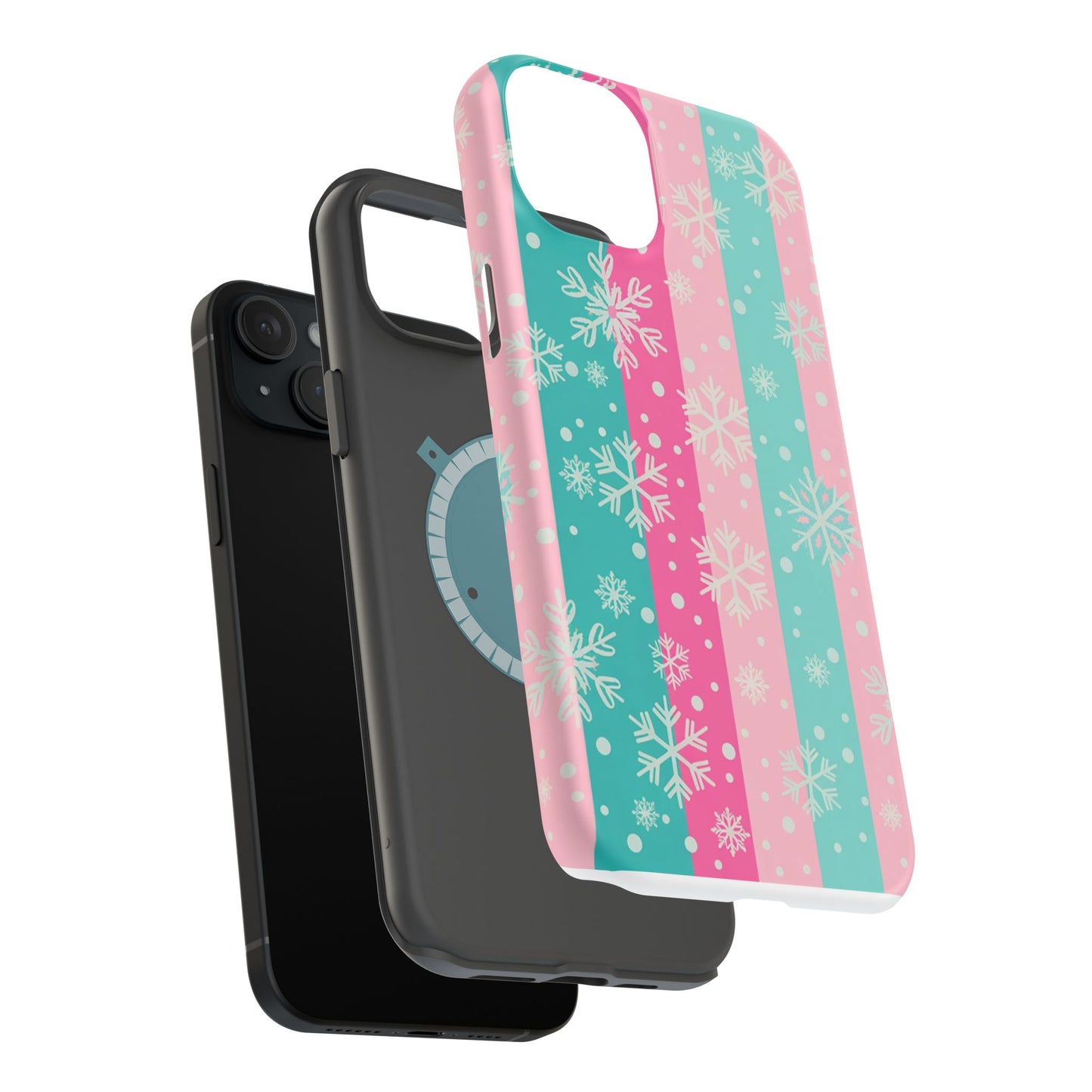 Snowflake Striped Magnetic Impact-Resistant Phone Case — Pink & Teal Winter Design