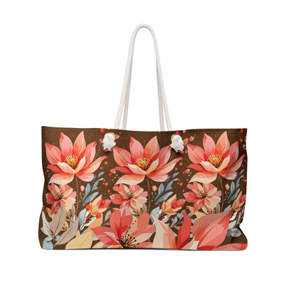 Floral Lotus Weekender Bag – Coral & Brown Travel Tote
