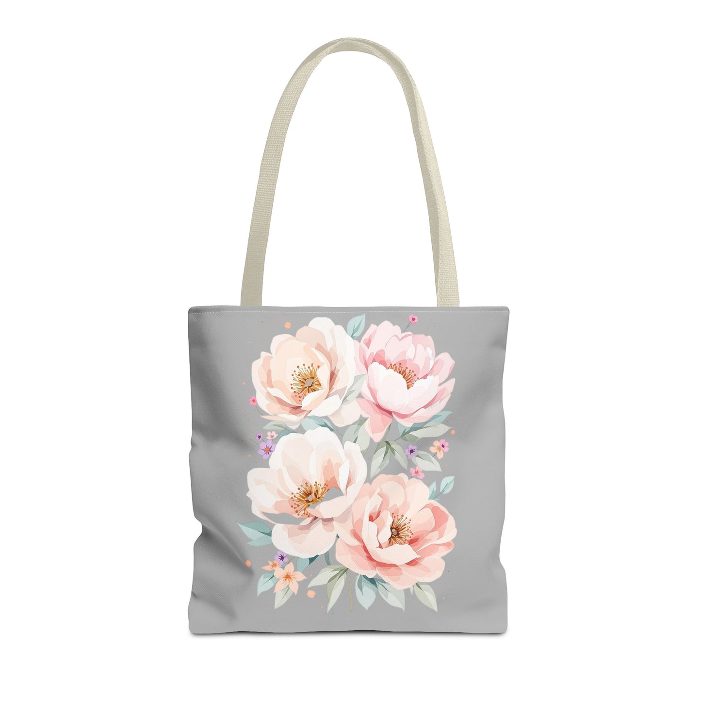 Floral Peony Tote Bag — Pink Watercolor Flowers on Grey