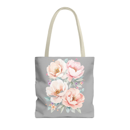 Floral Peony Tote Bag — Pink Watercolor Flowers on Grey