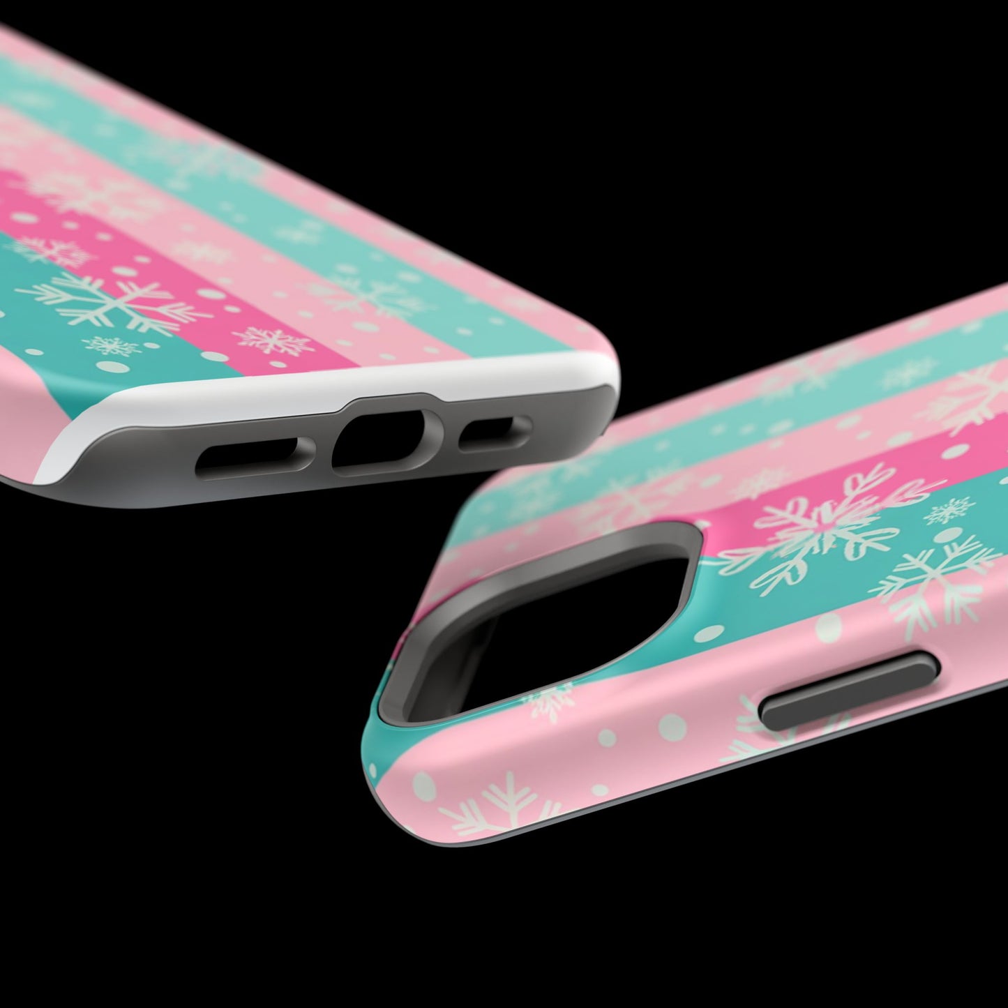 Snowflake Striped Magnetic Impact-Resistant Phone Case — Pink & Teal Winter Design