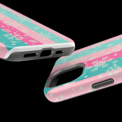 Snowflake Striped Magnetic Impact-Resistant Phone Case — Pink & Teal Winter Design