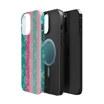 Snowflake Striped Magnetic Impact-Resistant Phone Case — Pink & Teal Winter Design
