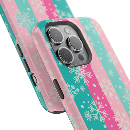 Snowflake Striped Magnetic Impact-Resistant Phone Case — Pink & Teal Winter Design