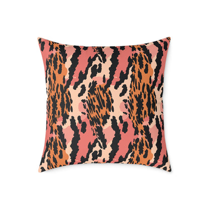 Leopard Print Square Pillow — Pink & Orange Animal Print Decorative Cushion