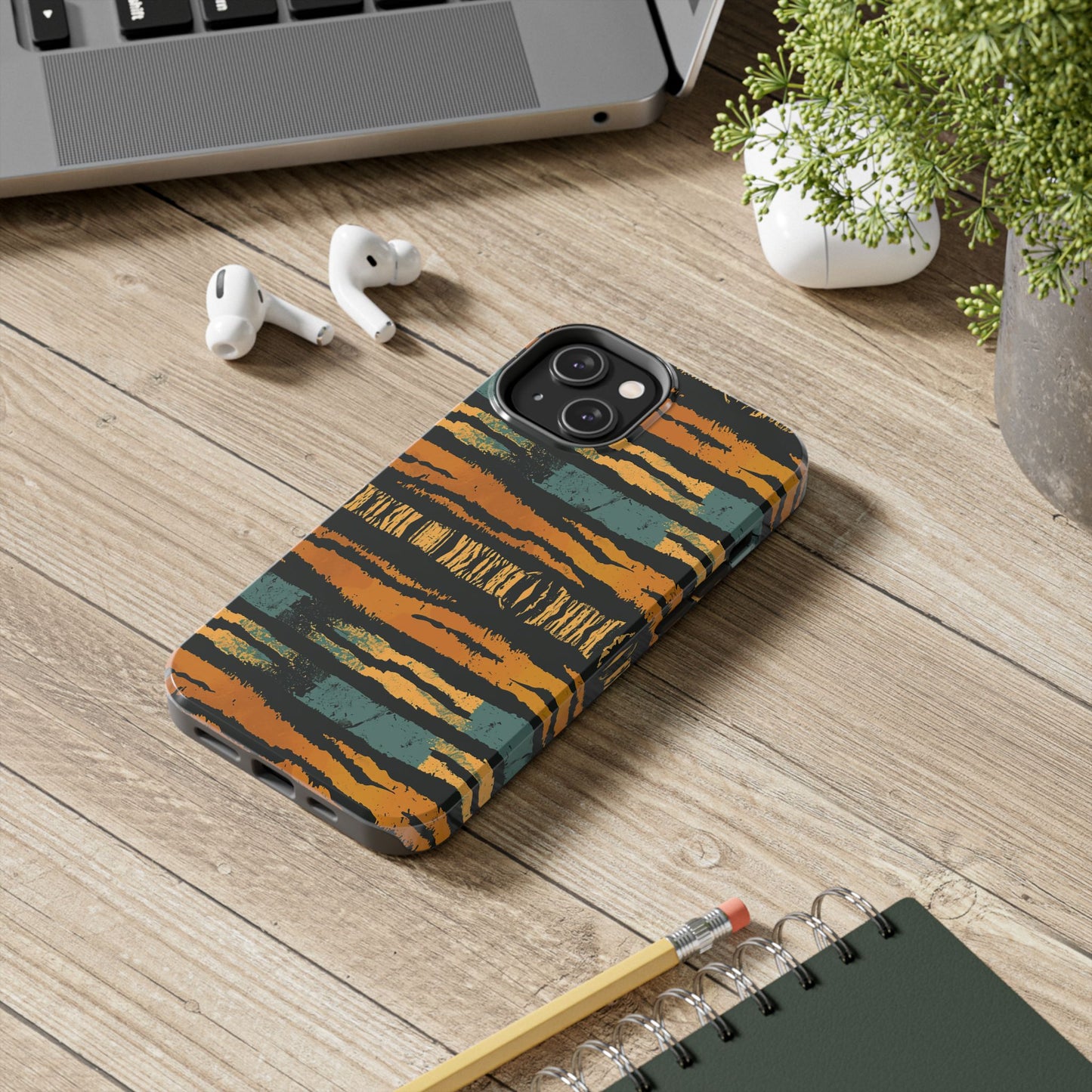 Tiger Stripe Tough Phone Case — Rugged Protective iPhone Cover with Amber & Teal Brushstroke Pattern